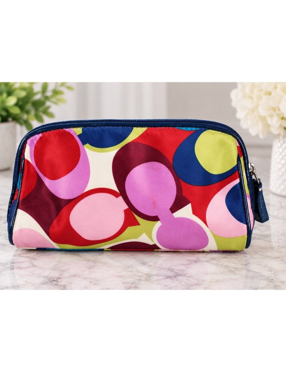 Coach Multicolor Graphic Op Art Cosmetic Case Pouch Blue Patent Trim